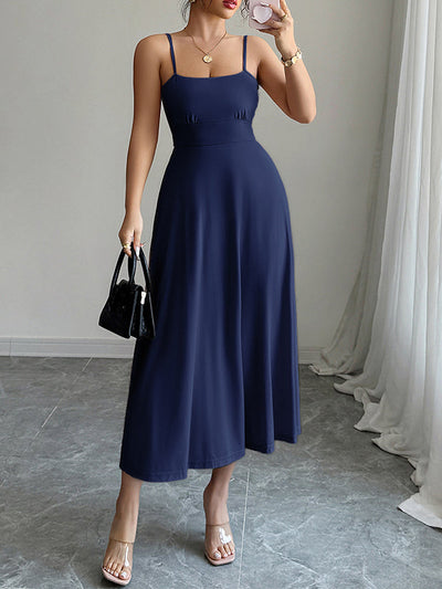 A-Line High Waisted Backless Pleated Solid Color Spaghetti-Neck Midi Dresses