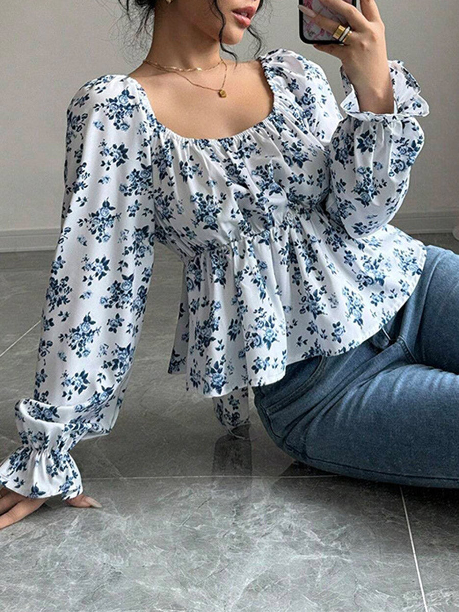Elasticated Waist High Waisted Contrast Color Flower Print Pleated Ruffled Split-Joint Square-Neck Blouses&Shirts Tops