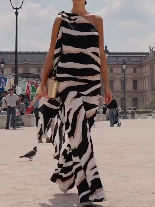 Loose Sleeveless Asymmetric Zebra-Stripe One-Shoulder Vest Top