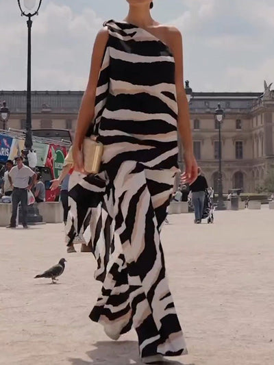 Loose Sleeveless Asymmetric Zebra-Stripe One-Shoulder Vest Top