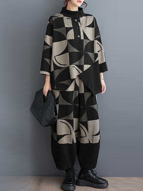 Long Sleeves Asymmetric Buttoned Printed Stand Collar Sweatshirt Top + Harem Pants Pants Bottom Two Pieces Set