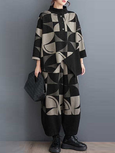 Long Sleeves Asymmetric Buttoned Printed Stand Collar Sweatshirt Top + Harem Pants Pants Bottom Two Pieces Set