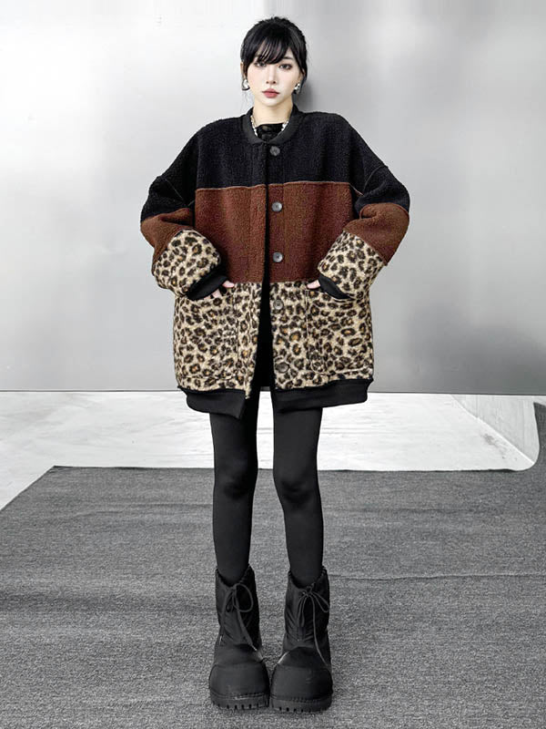 Long Sleeves Loose Buttoned Contrast Color Reversible Split-Joint Round-Neck Cardigan Tops Outerwear