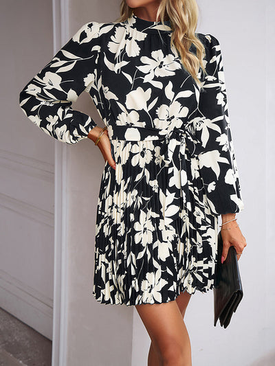 High Waisted Long Sleeves Flower Print Pleated Tied Waist Mock Neck Mini Dresses