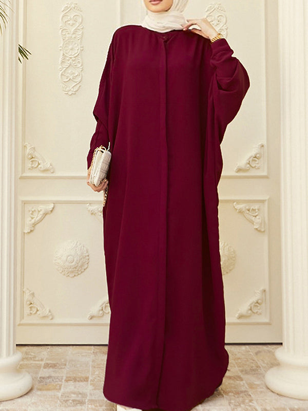 Batwing Sleeves Loose Buttoned Muslim Solid Color Split-Side Round-Neck Maxi Dresses