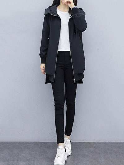 Casual Loose 4 Colors Pleated Zipper Hooded Long Sleeves Outwear