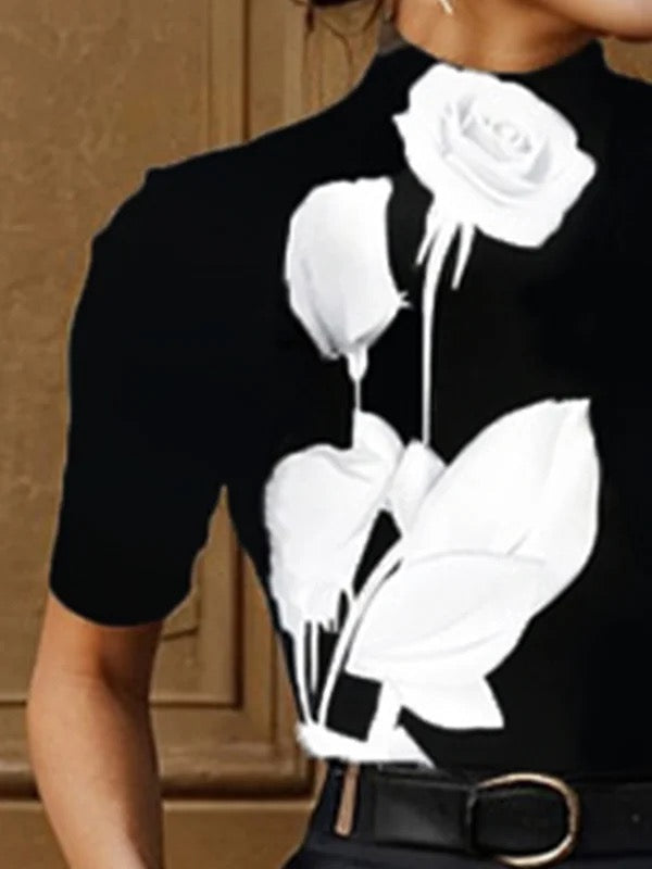 Short Sleeves Skinny Flower Print Stand Collar T-Shirts Tops