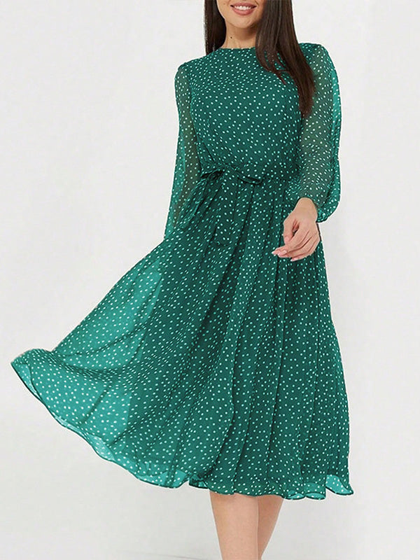 A-Line High Waisted Polka-Dot Tied Waist Round-Neck Midi Dresses