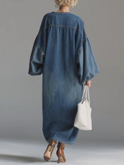Long Sleeves Loose Buttoned Pockets Solid Color V-Neck Maxi Dresses