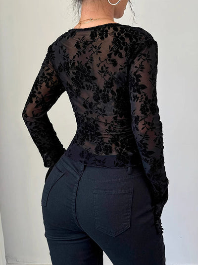 Flared Sleeves Long Sleeves Solid Color Deep V-Neck T-Shirts