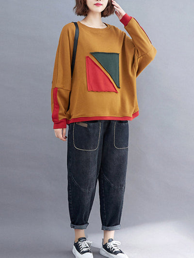 Artistic Retro Loose Triangle Applique Contrast Color Round-Neck Long Raglan Sleeves Sweatshirt