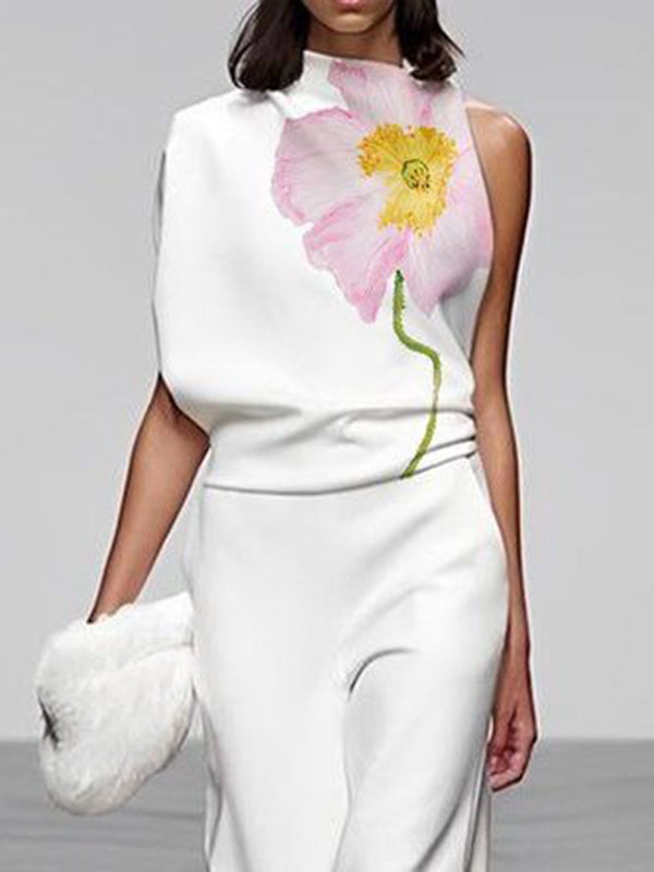 Loose Sleeveless Floral Printed High Neck Vest Top