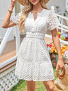 A-Line Loose Elasticity Hollow Pleated Solid Color Split-Joint V-Neck Mini Dresses