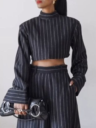 Long Sleeves Split-Joint Striped High Neck Blouses&Shirts Tops