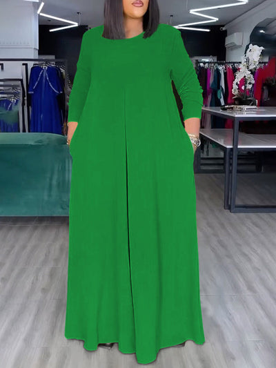 Loose Wide Leg Pockets Solid Color Round-Neck Jumpsuits