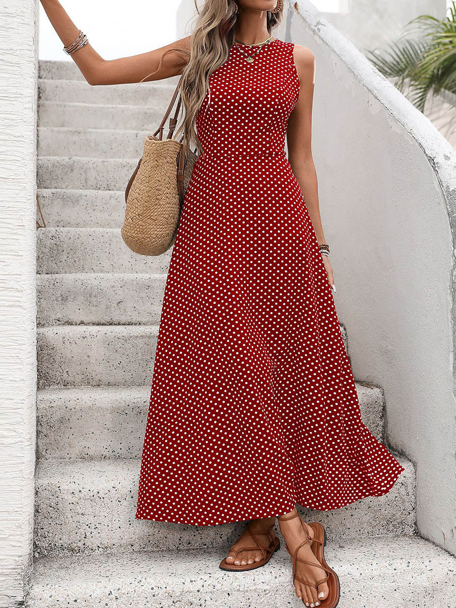 A-Line High Waisted Contrast Color Polka-Dot Round-Neck Maxi Dresses