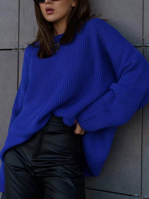 Long Sleeves Loose Solid Color Split-Joint Round-Neck Sweater Tops