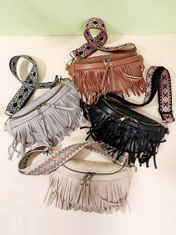 Geometric Tasseled Zipper Crossbody Bags