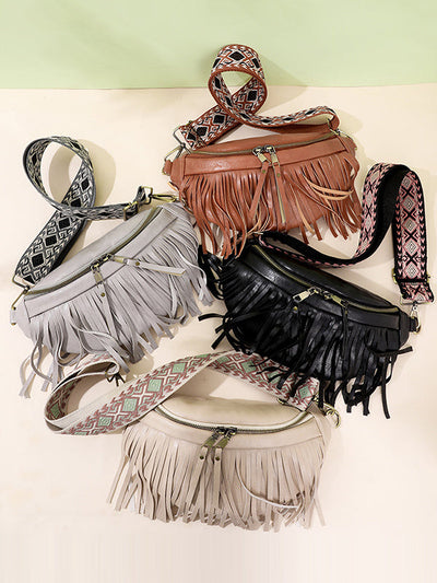 Geometric Tasseled Zipper Crossbody Bags