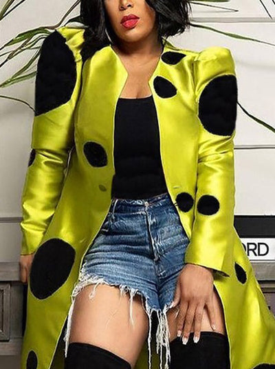 Long Sleeves Loose Pleated Polka-Dot Split-Joint Round-Neck Outerwear