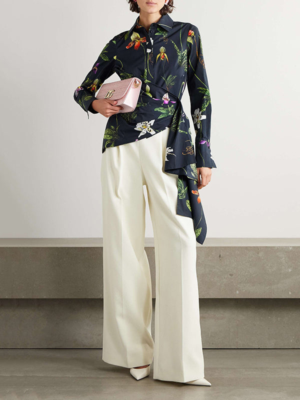 Long Sleeves Loose Asymmetric Flower Print Split-Joint Lapel Blouses&Shirts Tops