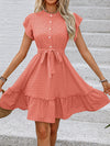 A-Line Loose Buttoned Pleated Polka-Dot Tied Waist Round-Neck Mini Dresses
