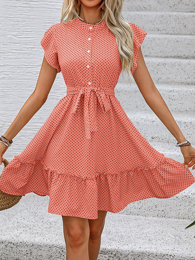 A-Line Loose Buttoned Pleated Polka-Dot Tied Waist Round-Neck Mini Dresses