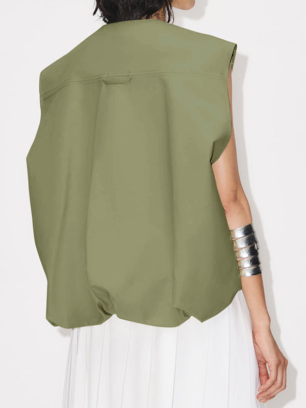 Loose Sleeveless Pockets Split-Joint Zipper Round-Neck Vest Outerwear