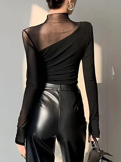 Long Sleeves Skinny Asymmetric Solid Color Split-Joint High Neck T-Shirts Tops