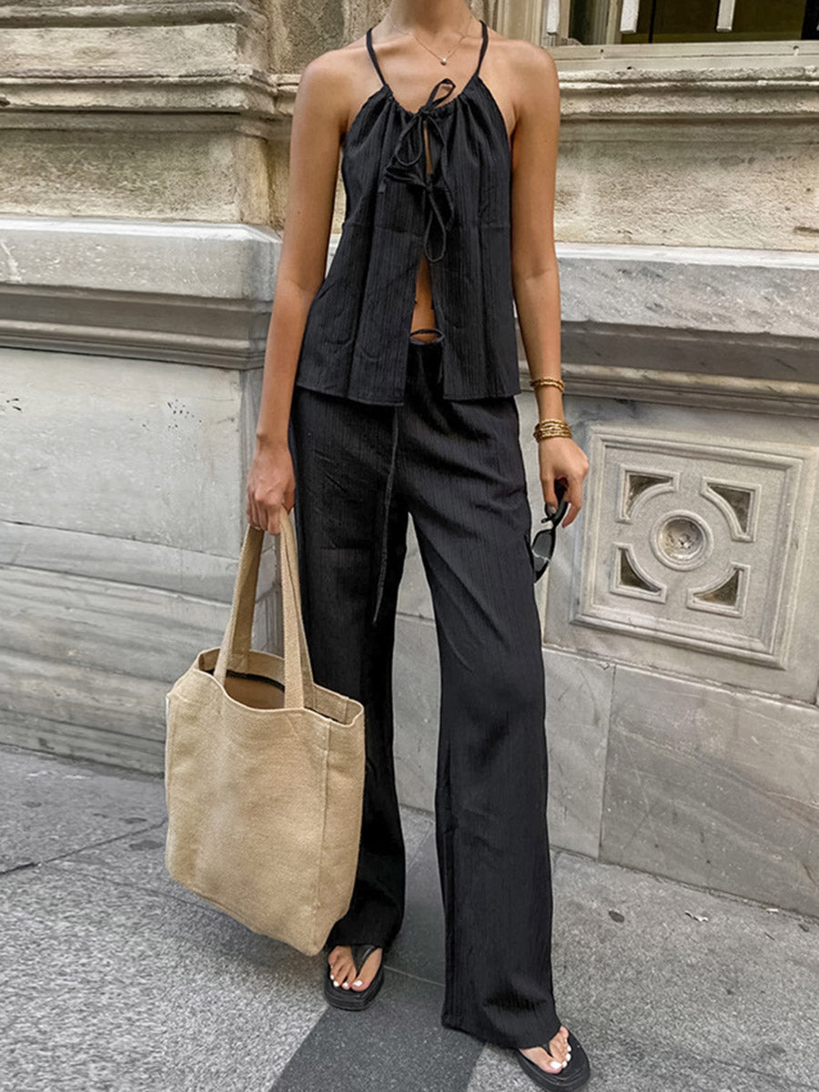 Solid Color Halter-Neck Cropped Pleated Split-Joint Tank Top + High Waisted Elasticity  Tied Waist Pants Trousers Two Pieces Set