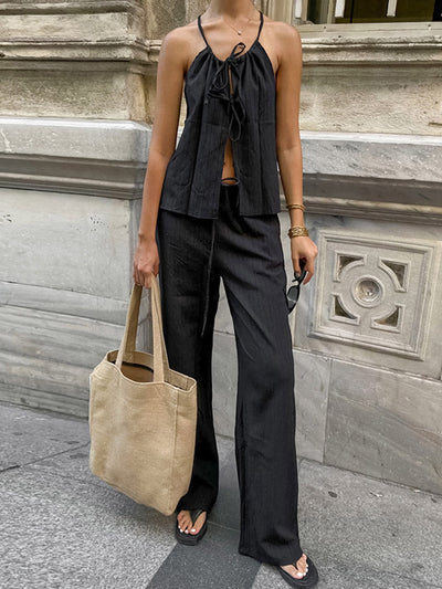 Solid Color Halter-Neck Cropped Pleated Split-Joint Tank Top + High Waisted Elasticity  Tied Waist Pants Trousers Two Pieces Set