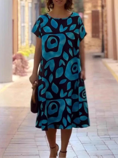 Loose Plus Size Floral Printed Split-Joint Round-Neck Midi Dresses