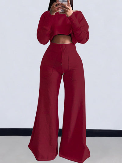 Loose Solid Color Long Sleeves T-Shirt + Drawstring Wide Leg Pants Trousers Two Pieces Set