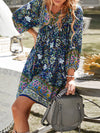 A-Line Loose Contrast Color Flower Print Pleated V-Neck Mini Dresses