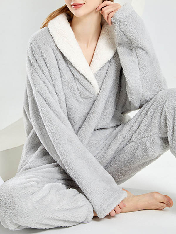 Coral Fleece Split-Joint V-Neck + Pants Pajama Two Pieces Set