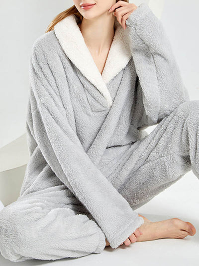 Coral Fleece Split-Joint V-Neck + Pants Pajama Two Pieces Set