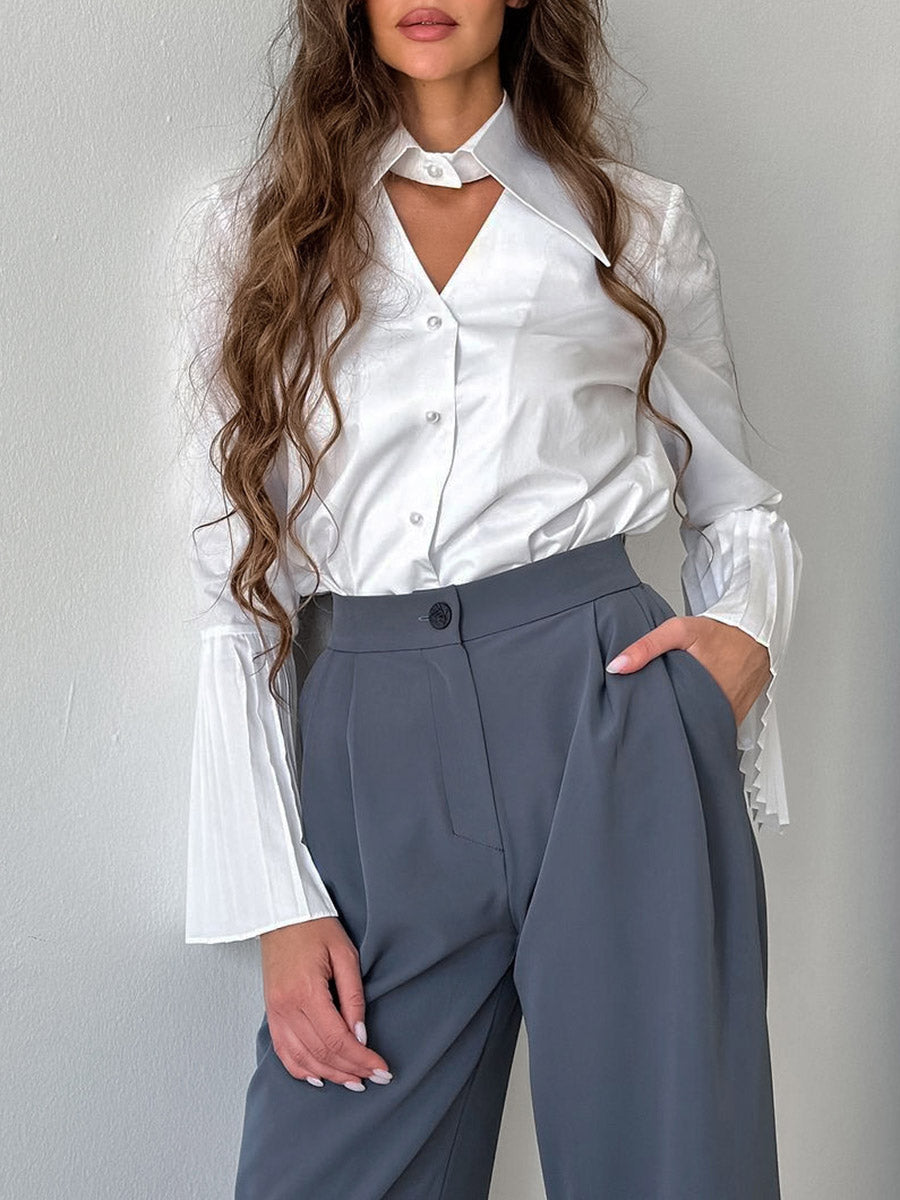 Flared Sleeves Long Sleeves Buttoned Hollow Pleated Solid Color Split-Joint Lapel Blouses&Shirts Tops