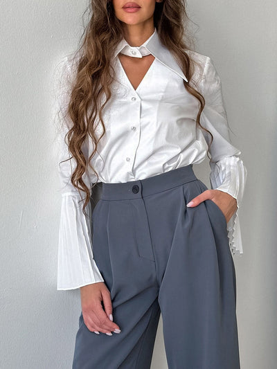 Flared Sleeves Long Sleeves Buttoned Hollow Pleated Solid Color Split-Joint Lapel Blouses&Shirts Tops