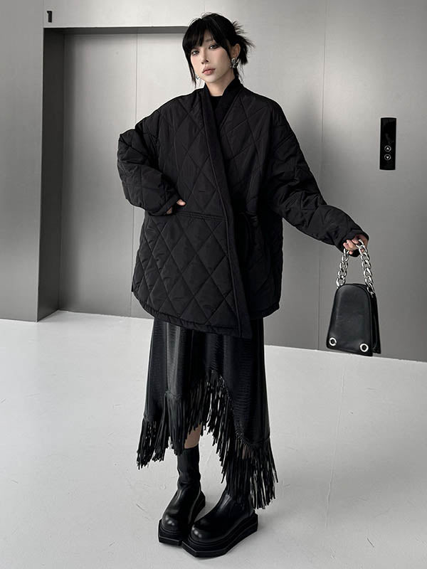 Long Sleeves Loose Plaid Quilted Solid Color Split-Joint Tied Collarless Outerwear Padded Coat