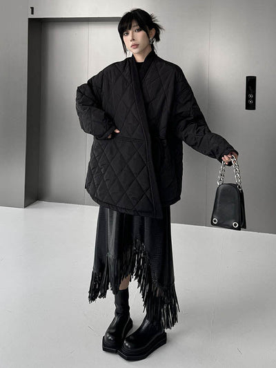 Long Sleeves Loose Plaid Quilted Solid Color Split-Joint Tied Collarless Outerwear Padded Coat