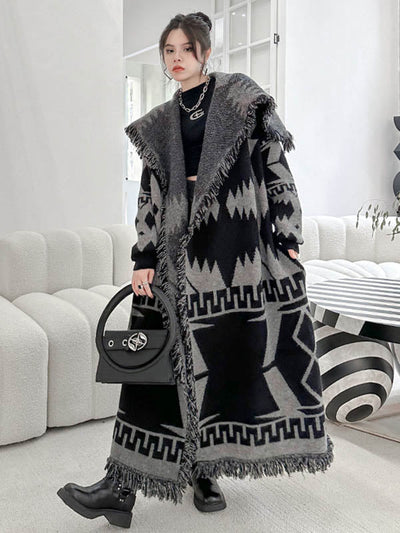 Long Sleeves Loose Contrast Color Geometric Split-Joint Tasseled Lapel Outerwear Overcoat