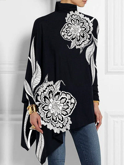 Batwing Sleeves Loose Asymmetric Floral Printed Split-Joint High Neck T-Shirts