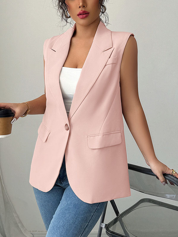 Loose Sleeveless Buttoned Pockets Notched Collar Blazer Vest Top