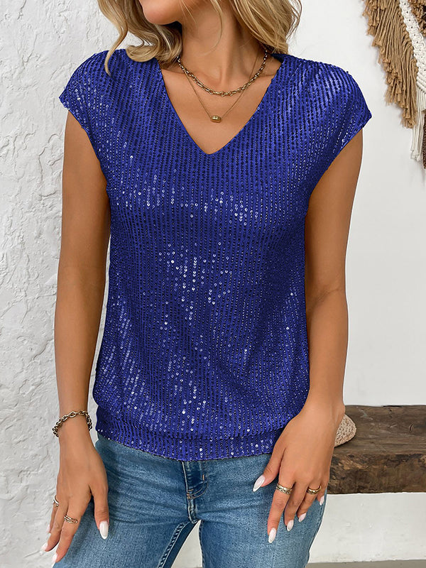 Batwing Sleeves Loose Sequined Shiny V-Neck T-Shirts Tops