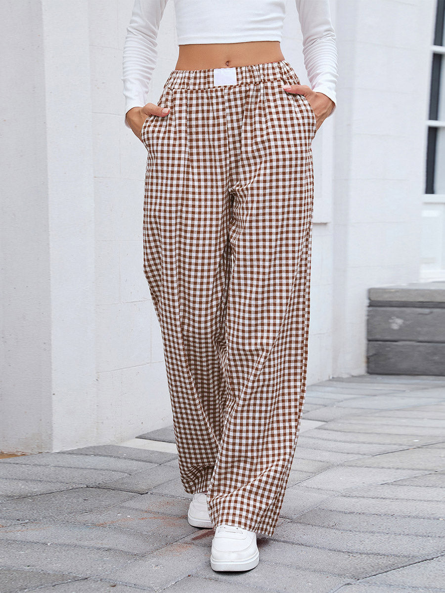 Elasticated Waist High Waisted Contrast Color Plaid Pockets Split-Joint Pants Trousers