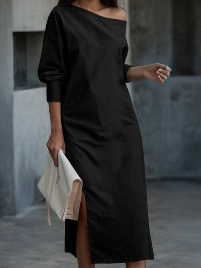 Long Sleeves Loose Solid Color Split-Side One-Shoulder Midi Dresses