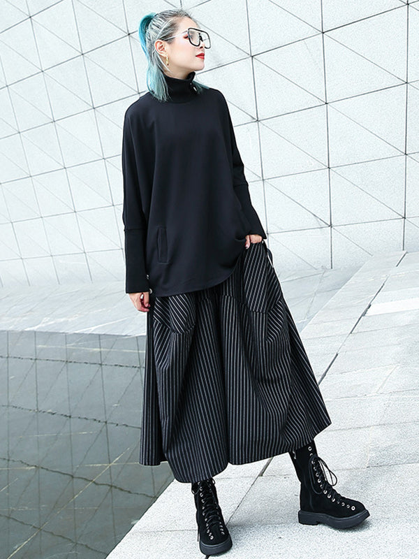 High Waisted Loose Elasticity Pockets Striped Culotte Pants