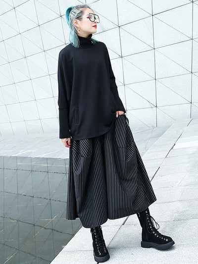 High Waisted Loose Elasticity Pockets Striped Culotte Pants