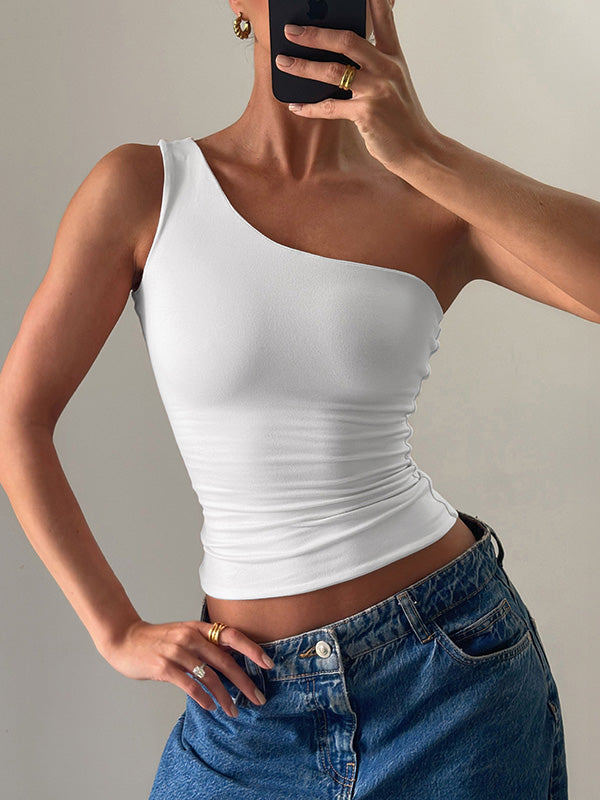 Skinny Sleeveless Solid Color One-Shoulder Vest Top