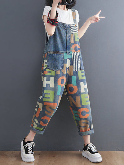 High Waisted Loose Asymmetric Buttoned Letter Print Pockets Split-Joint Striped Overalls